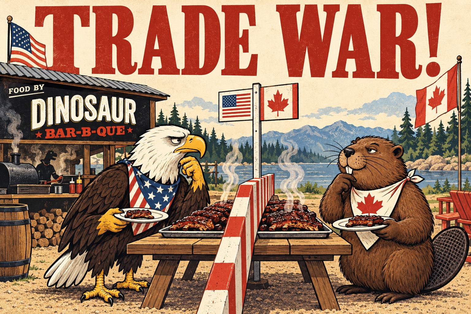 Trade War! — humorous U.S.–Canada trade and barbecue artwork featuring Dinosaur Bar-B-Que.