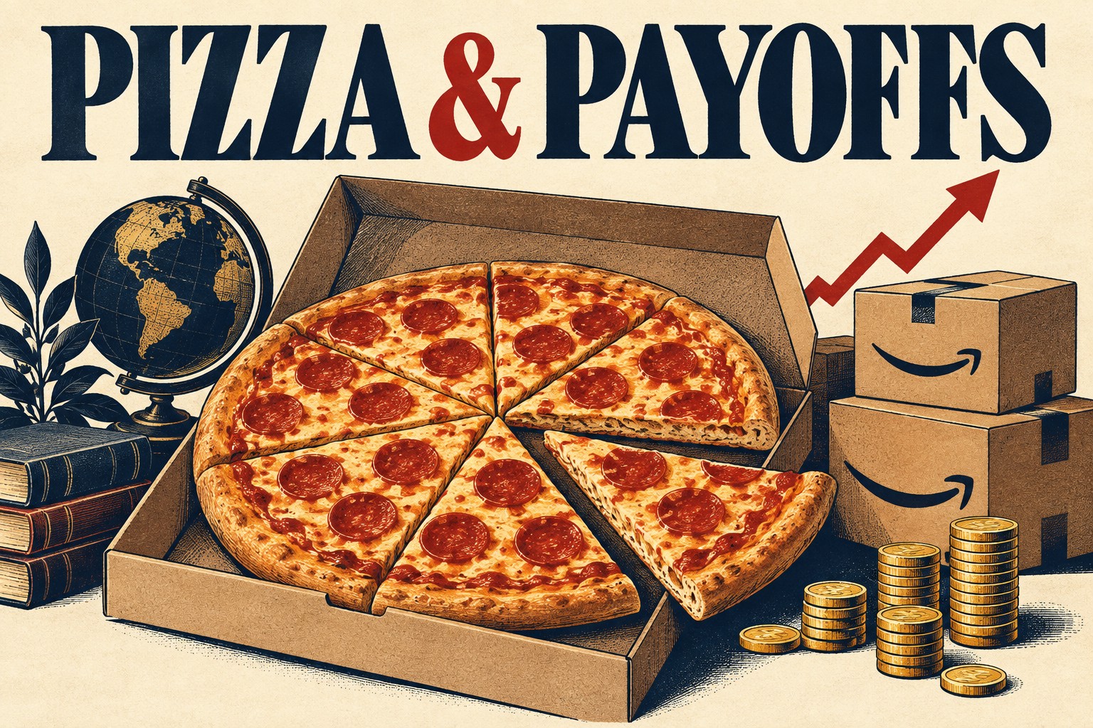 Pizza and Payoffs — economics, pizza, and Amazon-inspired shipping-box artwork.